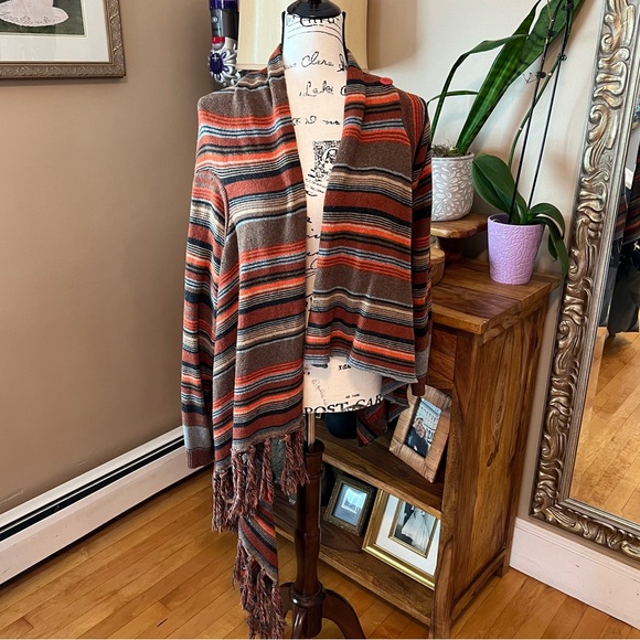 Boho Wrap Blanket Cardigan Tassel Hem Shawl Knit Sweater Rust Orange Brown Small - Picture 3 of 10